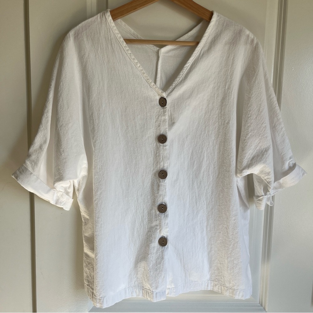 White Linen Blend V-Neck Button Down Blouse | Dolman Sleeve Lagenlook Top